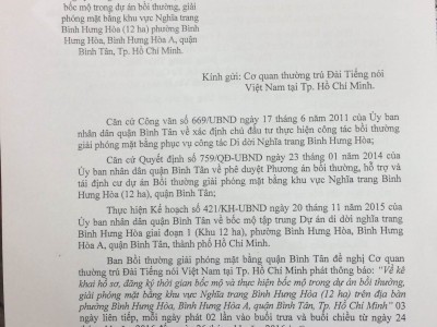 văn bản gửi Cơ quan thường trú Đài Tiếng nói Việt Nam tại Tp. Hồ Chí Minh